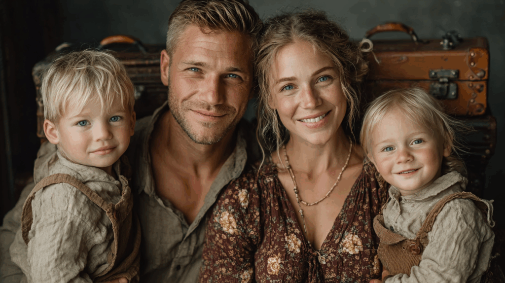 A rustic family lifestyle portrait showing smiling parents with their two young blond children, wearing vintage-style clothing, perfect for family photography inspiration.