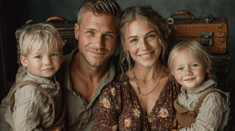 A rustic family lifestyle portrait showing smiling parents with their two young blond children, wearing vintage-style clothing, perfect for family photography inspiration.