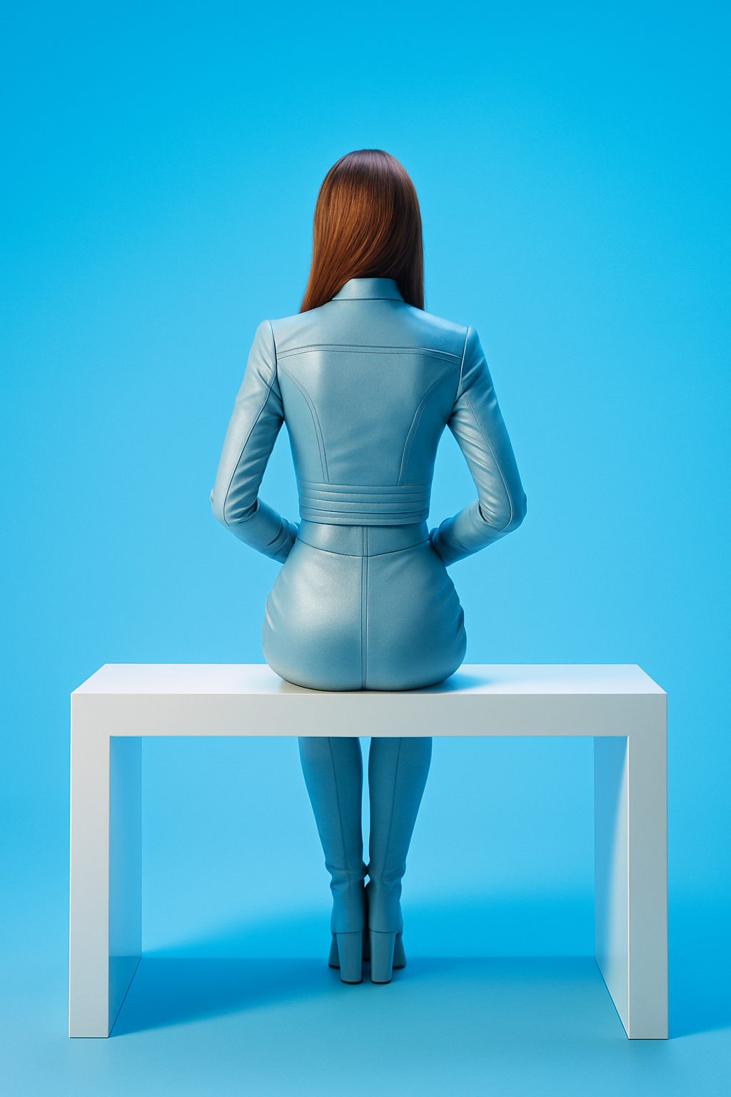 Футуристичен портрет на жена в син костюм, седнала на минималистична бяла маса, върху син фон.