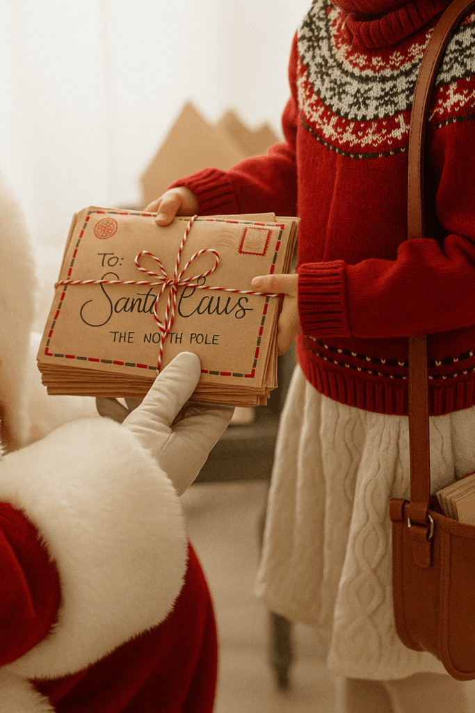 Дядо Коледа позира с деца в коледна фотостудия във Варна, топла празнична атмосфера с елха, лампички и подаръци.