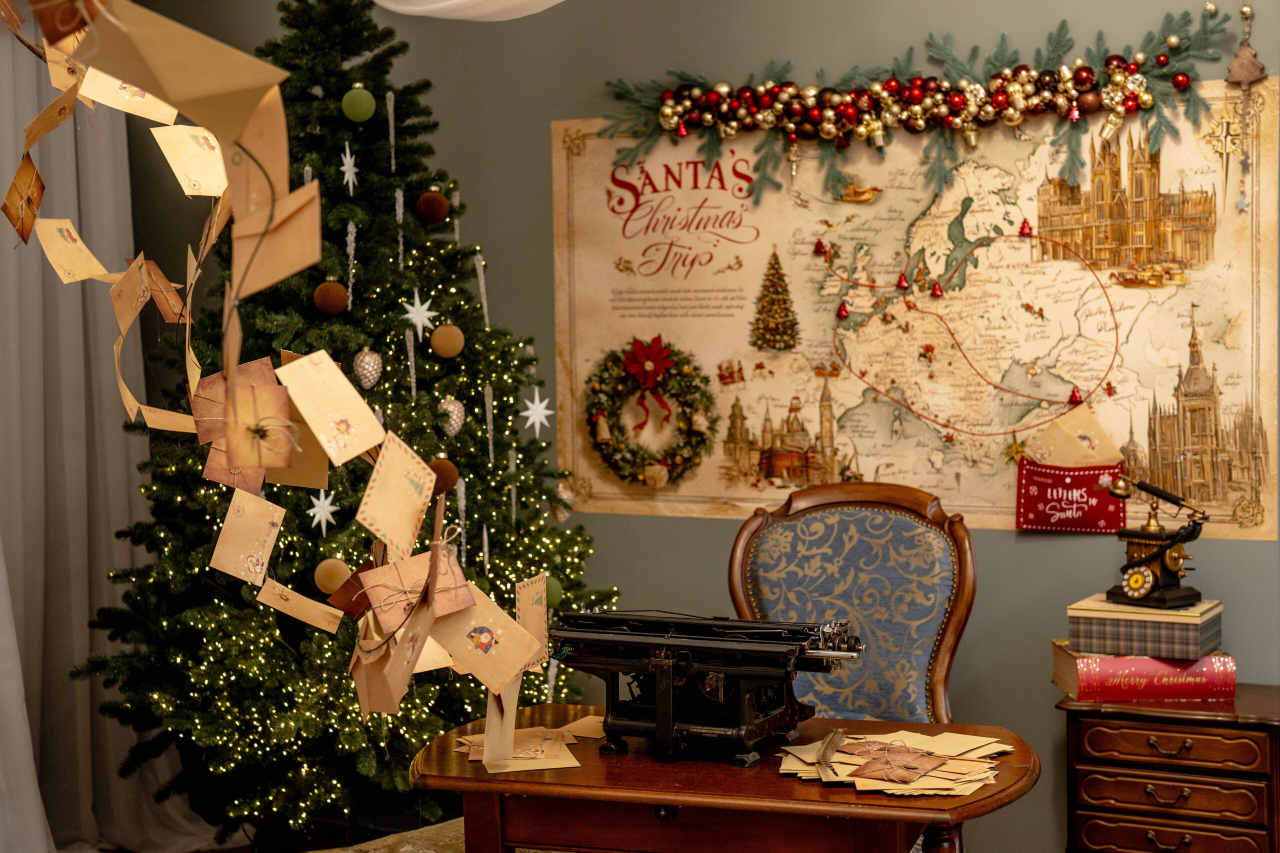 Коледна фотозона „На гости при Дядо Коледа“ във фотостудио във Варна – елха, писма и празничен декор.